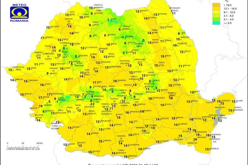 Temperaturile pe 5 ianuarie 2022 la ora 14, Foto: ANM