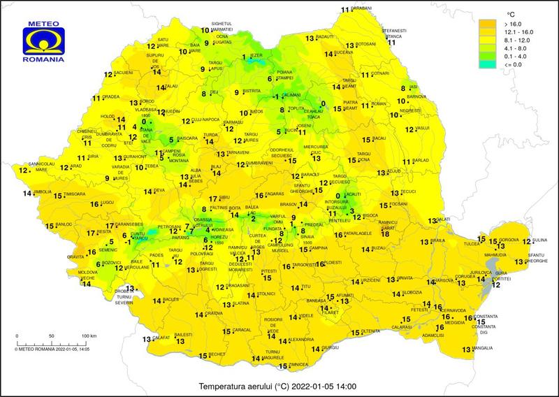 Temperaturile pe 5 ianuarie 2022 la ora 14, Foto: ANM
