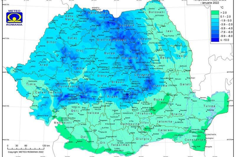 Temperatura medie lunara in tara in ianuarie 2022, Foto: ANM