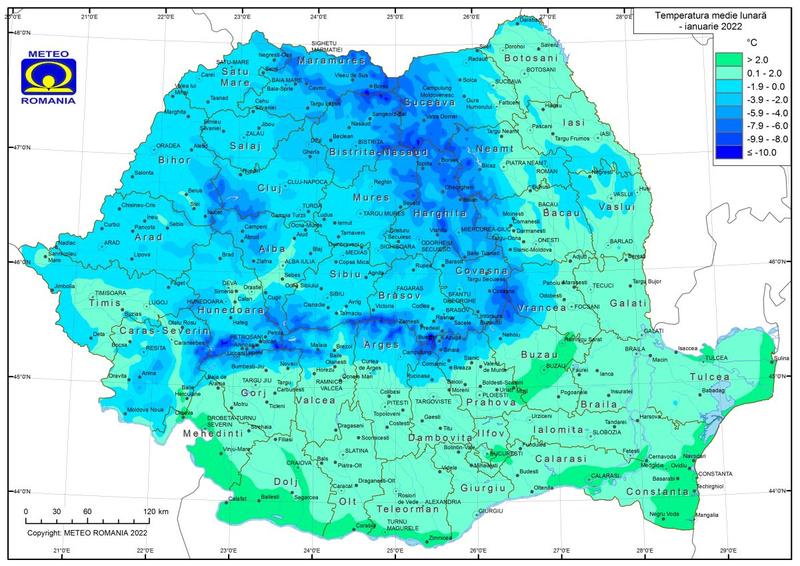 Temperatura medie lunara in tara in ianuarie 2022, Foto: ANM