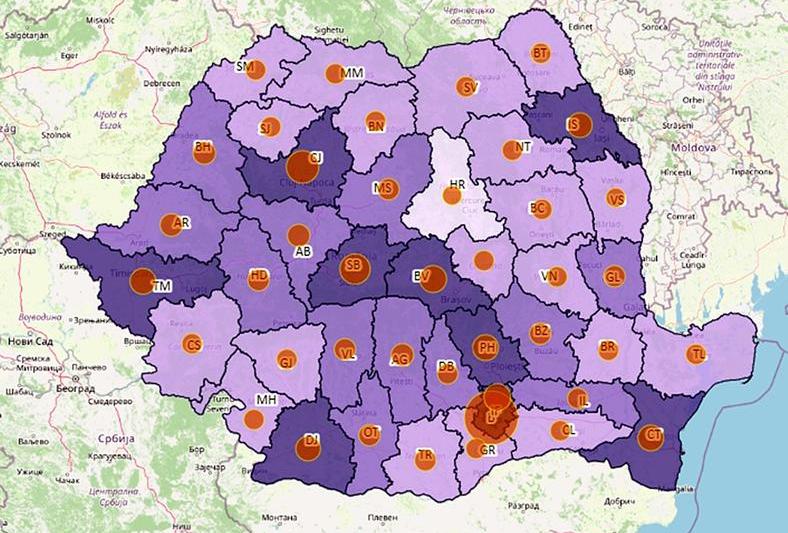 Cazuri noi pe judete - harta - 17 februarie 2022, Foto: geo-spatial.org