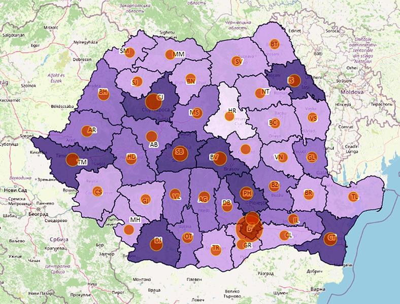 Cazuri noi pe judete - harta - 17 februarie 2022, Foto: geo-spatial.org