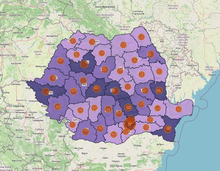 Cazuri noi pe judete - harta - 18 februarie 2022, Foto: geo-spatial.org