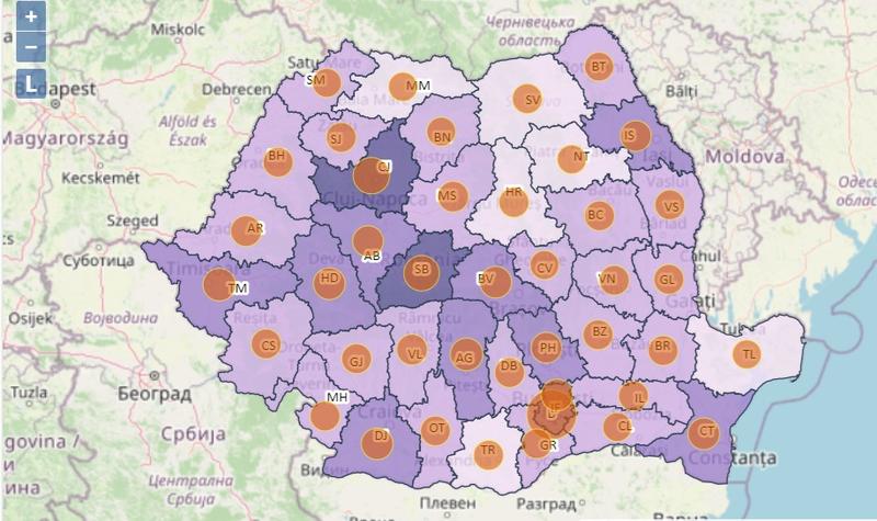 Harta cazuri noi COVID - judete - 21 februarie 2022, Foto: geo-spatial.org