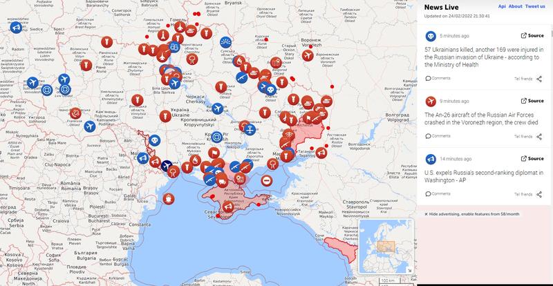 Harta - atacurile rusesti in Ucraina - 24 februarie - 21.30, Foto: Livemapua.com