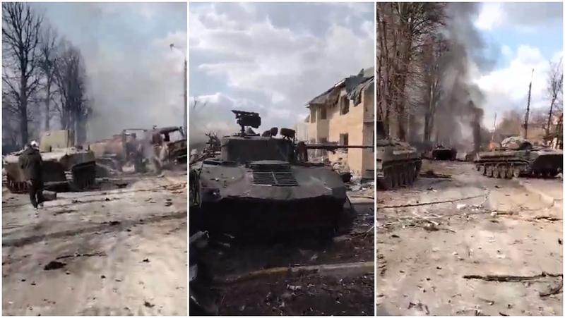 Blindate rusesti distruse in Bucha, langa Kiev, Foto: Colaj foto