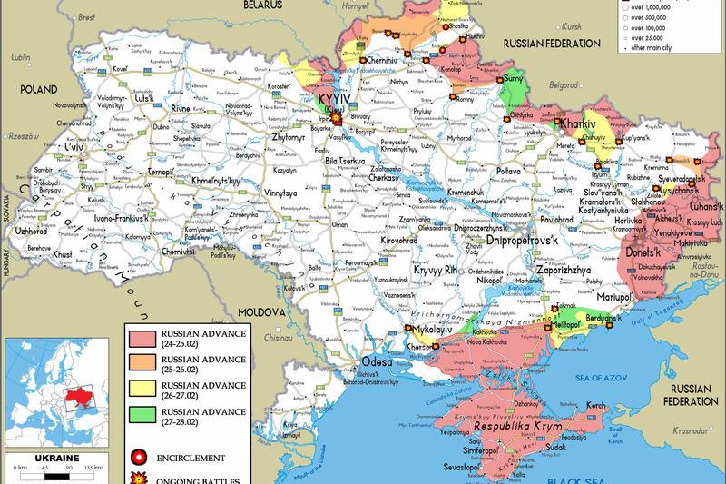 Harta luptelor din Ucraina după cinci zile de război, Foto: DRM Journal