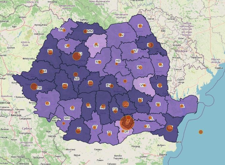 Topul judetelor - cazuri noi COVID - 3 februarie 2022, Foto: geo-spatial.org