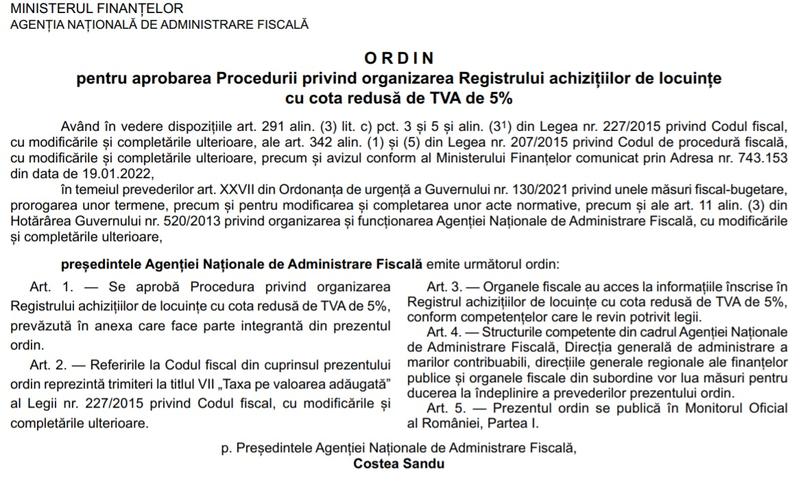 Ordin registru achizitii locuinte cu cota redusa TVA, Foto: Monitorul Oficial