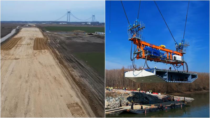 Lucrari la drumul spre Podul Braila si ridicarea primelor segmente de tablier, Foto: Colaj foto