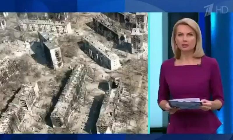 Imagini cu distrugerile din Mariupol, prezentate la televiziunea de stat rusă, Foto: Captura video