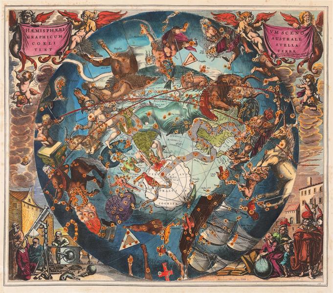 Hartă celestă ”Stelele și pământul în emisfera sudică”, de Henricus Hondius, Amsterdam, 1661, piesă foarte rară, de colecție, Foto: Artmark