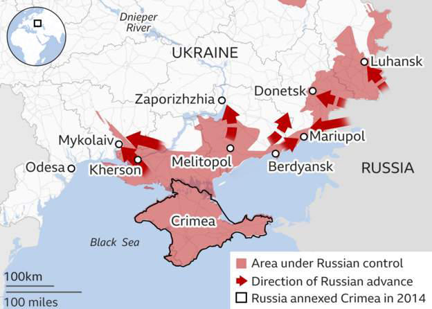 Harta invaziei rusesti in sudul Ucrainei, vineri, Foto: UK MoD / Institute for the Study of War