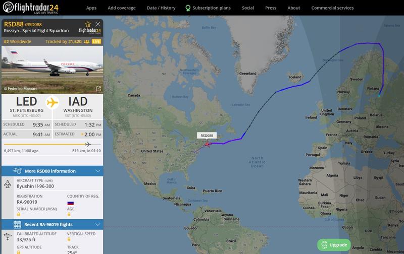 Zborul special rusesc spre Washington, Foto: flightradar24.com