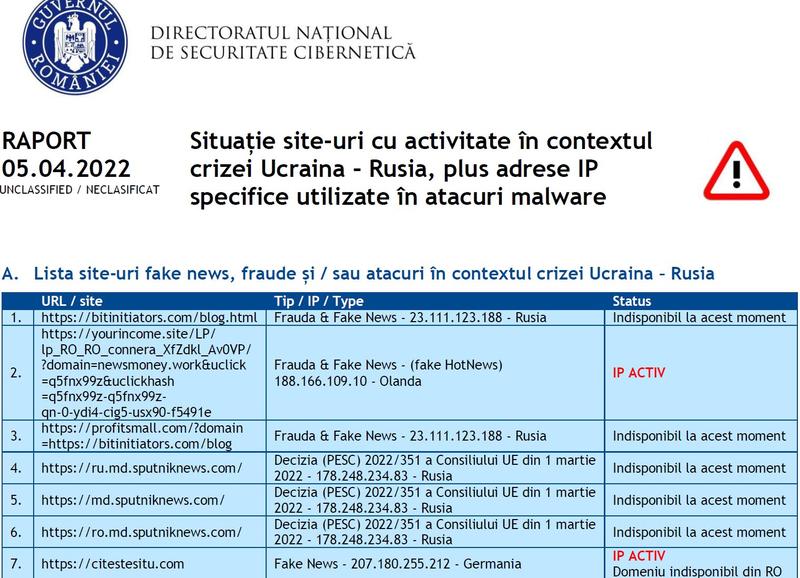 Raport DNSC 5 aprilie, Foto: DNSC