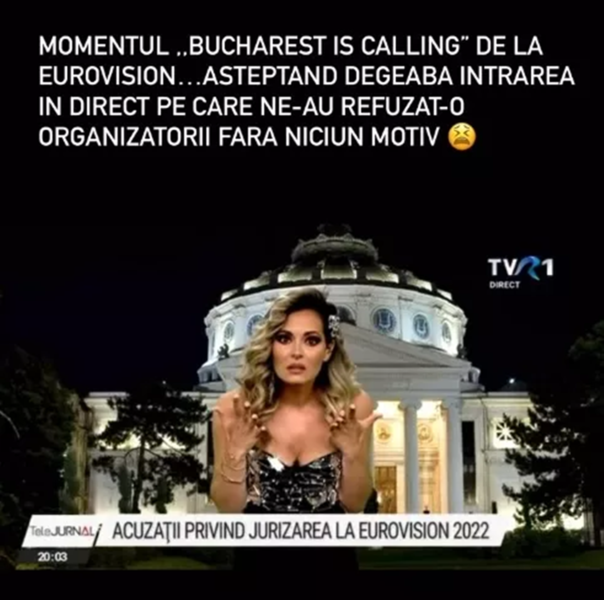 Prezentatoarea TVR Eva Marcus cand i s-a refuzat transmisiunea in direct la Eurovision 2022, Foto: Captura video