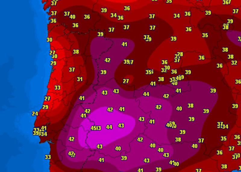 Temperaturile in Spania si Portugalia, pe 13 iulie 2022, Foto: Meteociel