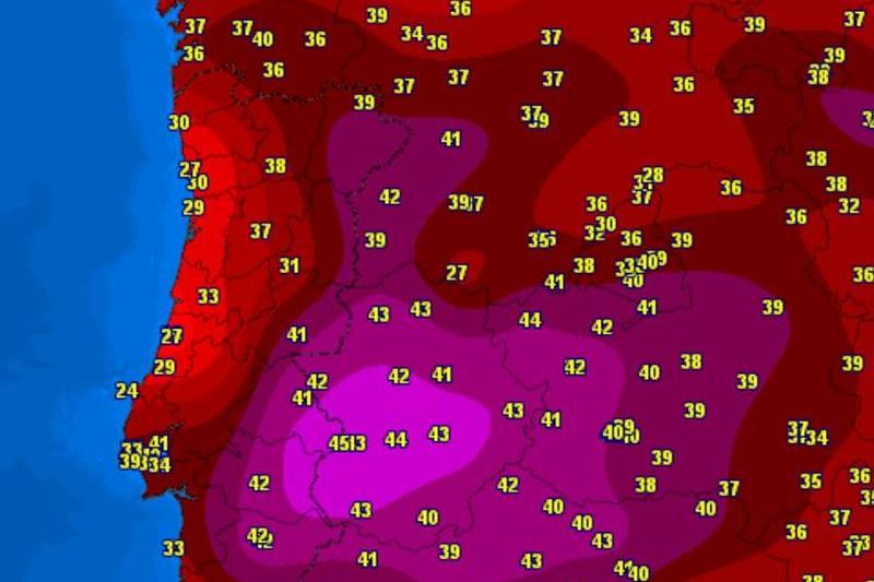 Temperaturile in Spania si Portugalia, pe 13 iulie 2022, Foto: Meteociel