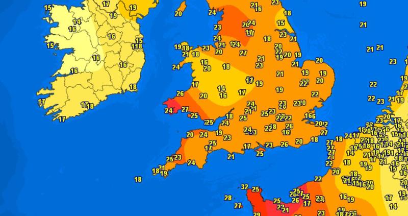 Temperaturile in nordul Frantei si sudul Regatului Unit in dimineata lui 19 iulie, Foto: Meteociel
