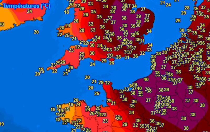 Temperaturi de 40 de grade in Anglia si in nord-vestul Frantei, Foto: Meteociel