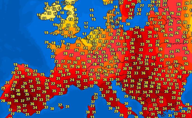 Temperaturile in Europa la ora 17, pe 21 iulie 2022, Foto: Meteociel