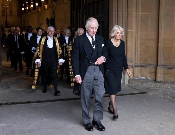 Regele Charles al III-lea și regina-consoartă Camilla, la Westminster Hall, după ce Regele s-a adresat ambelor camere pentru prima dată de când a devenit rege, Foto: Ian Vogler/WPA Pool / Shutterstock Editorial / Profimedia