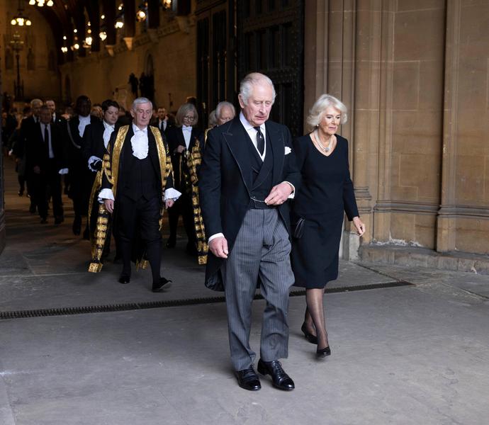 Regele Charles al III-lea și regina-consoartă Camilla, la Westminster Hall, după ce Regele s-a adresat ambelor camere pentru prima dată de când a devenit rege, Foto: Ian Vogler/WPA Pool / Shutterstock Editorial / Profimedia