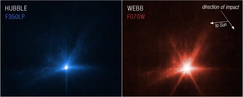 Impactul dintre DART si Dimorphos, vazut de Webb si Hubble, Foto: Agentia Spatiala Europeana