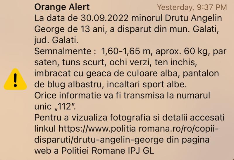 mesaj RO-Alert disparitie copil, Foto: Captura
