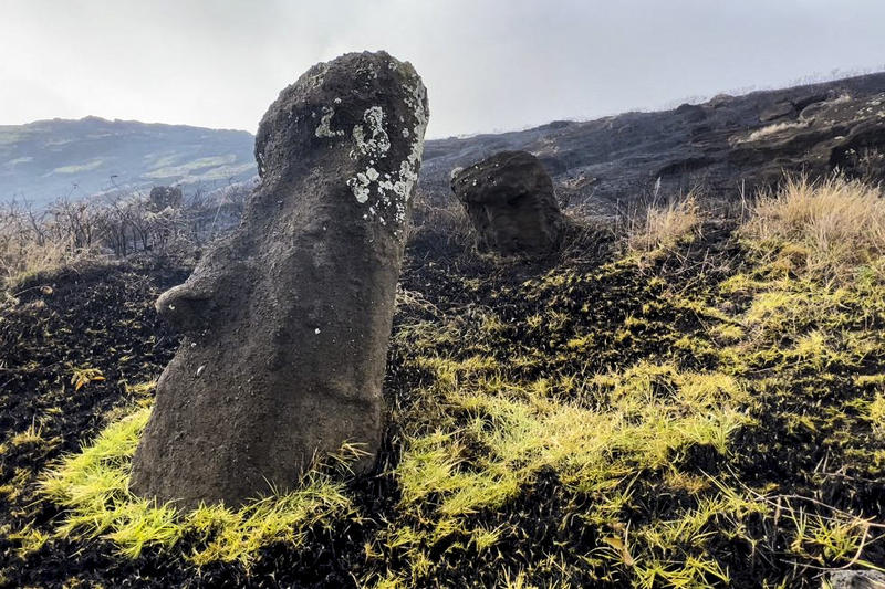 Doua dintre statuile Moai afectate de incendiul de pe Insula Pastelui, Foto: AFP / AFP / Profimedia