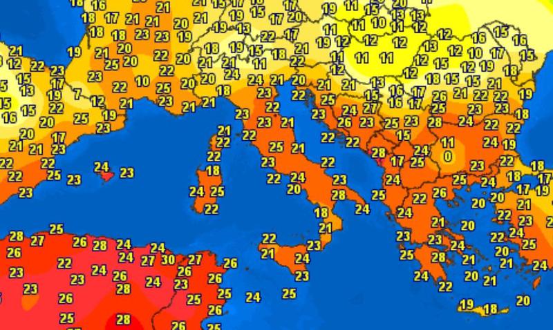 Temperaturile in sudul Europei pe 31 octombrie 2022, dupa pranz, Foto: Meteociel