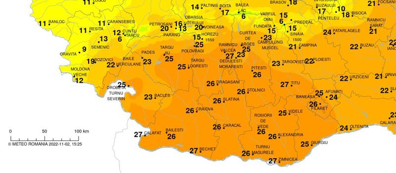 Temperaturile la ora 16 in sudul tarii, pe 2 noiembrie 2022, Foto: ANM