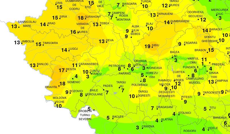 Temperaturile pe 16 decembrie la ora 14.00, Foto: ANM