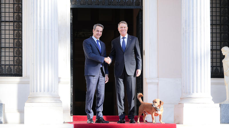 Câinele Peanut, în fotografia oficială a prim-ministrului grec Kyriakos Mitsotakis cu preşedintele Klaus Iohannis, Foto: Presidency.ro