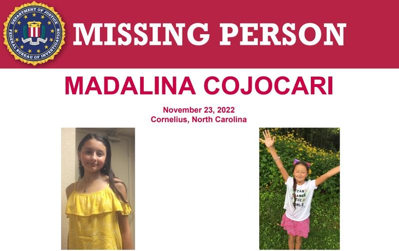 Mădălina Cojocari, o fetiță de 11 ani din Cornelius, Carolina de Nord, SUA, a fost văzută ultima dată pe 23 noiembrie, Foto: FBI.gov