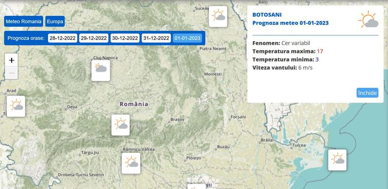 Prognoza de 17 C la Botosani, pentru 1 ianuarie 2023, Foto: ANM