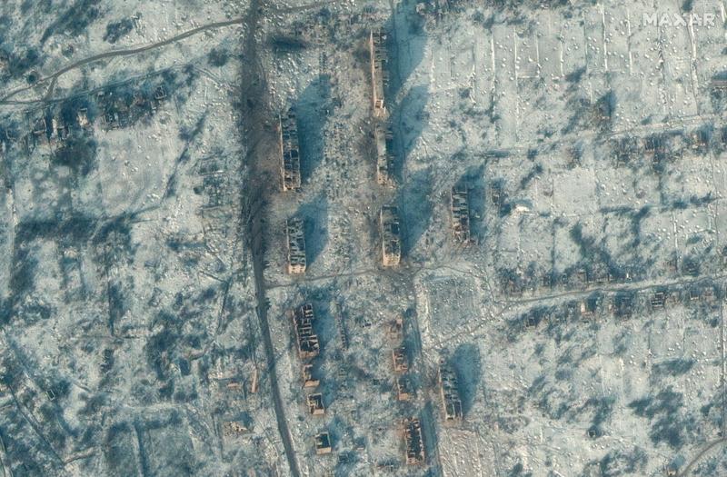 scoli si cladiri distruse in Soledar in timpul luptelor dintre fortele ruse si ucrainene (imagini din satelit Maxar), Foto: Handout / AFP / Profimedia