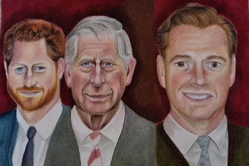 Prințul Harry, regele Charles și James Hewitt într-o schiță realizată de Simone Malik, Foto: Simone Malik / SWNS / SWNS / Profimedia