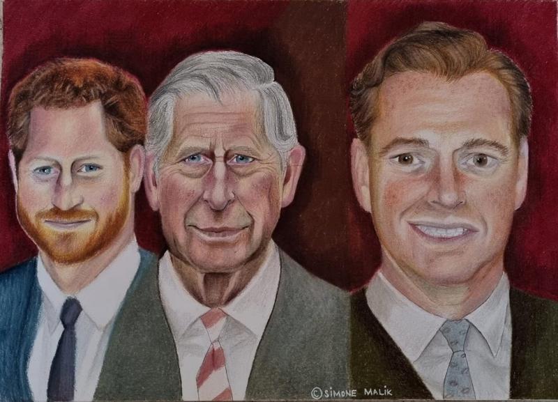 Prințul Harry, regele Charles și James Hewitt într-o schiță realizată de Simone Malik, Foto: Simone Malik / SWNS / SWNS / Profimedia