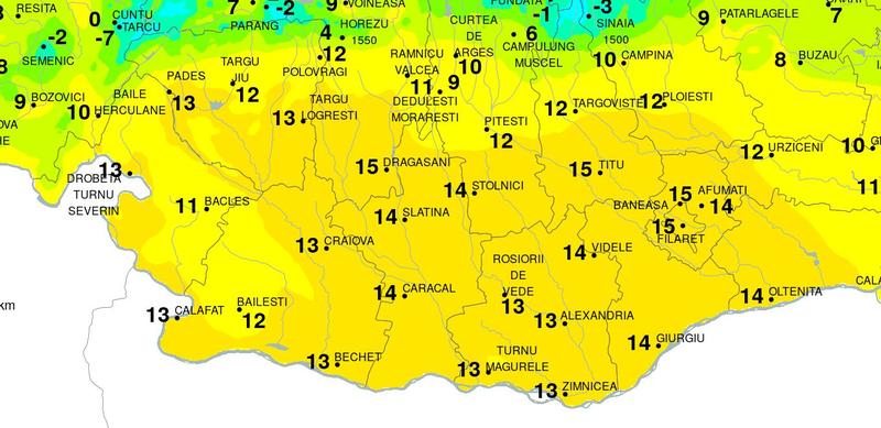 Temperaturile in sudul tarii pe 6 ianuarie 2023 la ora 15, Foto: ANM