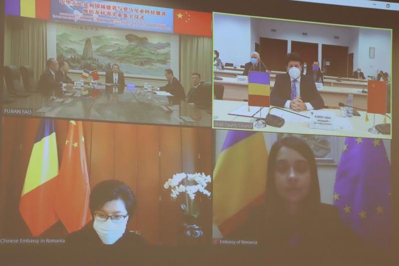 Semnarea acordului de înfrățire dintre județul Arad și provincia Fujian din China, în noiembrie 2020, Foto: Consiliul Județean Arad