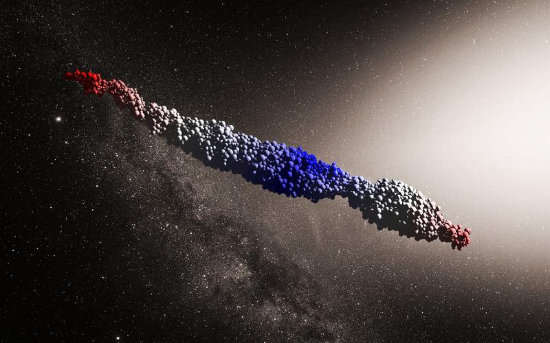 Oumuamua, imagine generată de un simulator, Foto: (background: ESO/M. Kornmesser) / NAOC/Y. Zhang / SWNS / Profimedia