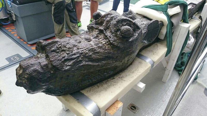 Figurină de lemn reprezentând o creatură mitică asemănătoare unui crocodil devorând o ființă umană găsită salvată de pe epava navei-amiral Gribshunden, Foto: JON WILLEN / AFP / Profimedia