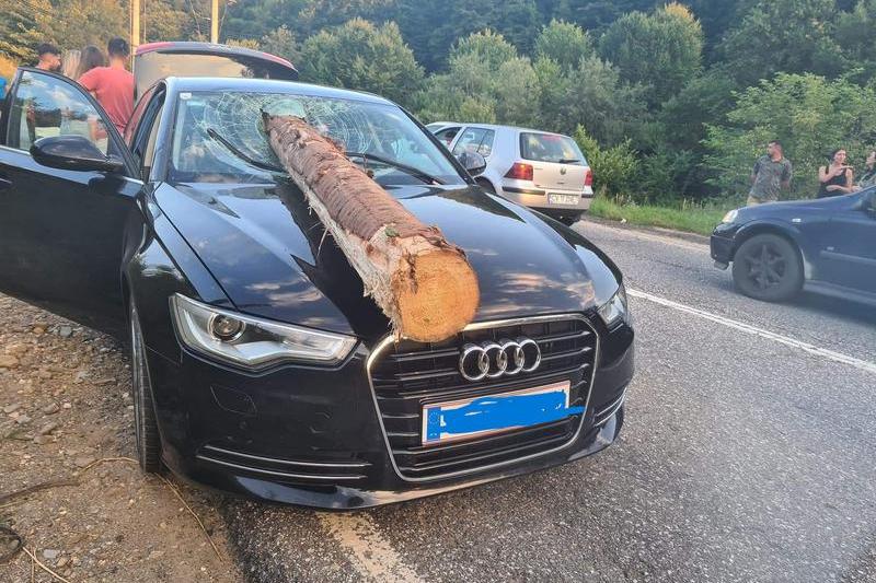 Un bustean a cazut dintr-un camion cu lemne si a strapuns parbrizul unei masini, Foto: InfoTraficBuzau / Cosmin Sontica