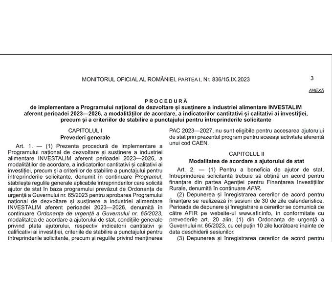 Procedura finantare investalim 2023, Foto: Monitorul Oficial