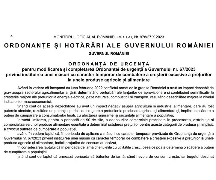 Ordonanta-urgenta-89-2023-prelungire-plafonare-preturi-alimente, Foto: Monitorul Oficial