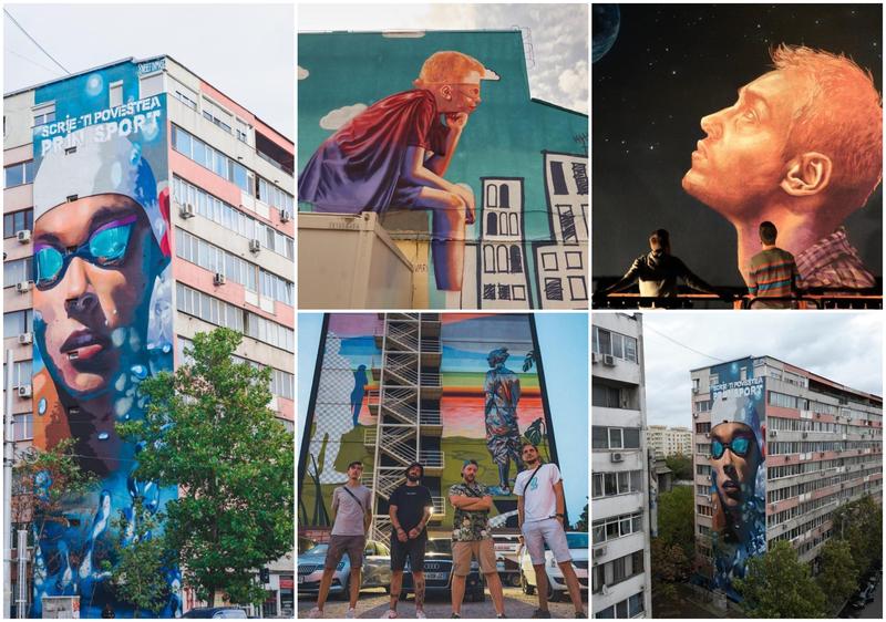 Sweet Damage Crew, echipa de artiști street art, care a realizat desenul urias cu David Popovici de pe Stefan cel Mare, Foto: colaj Sweet Damage Crew