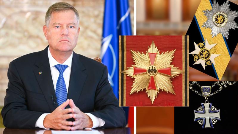 Klaus Iohannis și o parte din decorațiile primite ca președinte, Foto: Colaj fanatik.ro