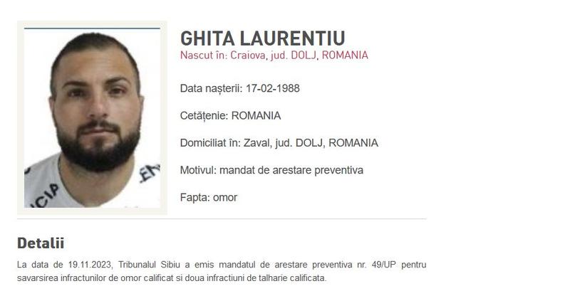 Laurențiu Ghiță este căutat de poliție după ce s-a emis un mandat de arestare în cazul uciderii omului de afaceri sibian Adrian Kreiner, Foto: Politia Romana