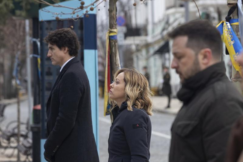 Volodimir Zelenski, alături de Giorgia Meloni și Justin Trudeau, la Kiev, Foto: Pool /Ukrainian Presidentia / Zuma Press / Profimedia